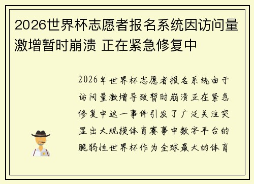 2026世界杯志愿者报名系统因访问量激增暂时崩溃 正在紧急修复中